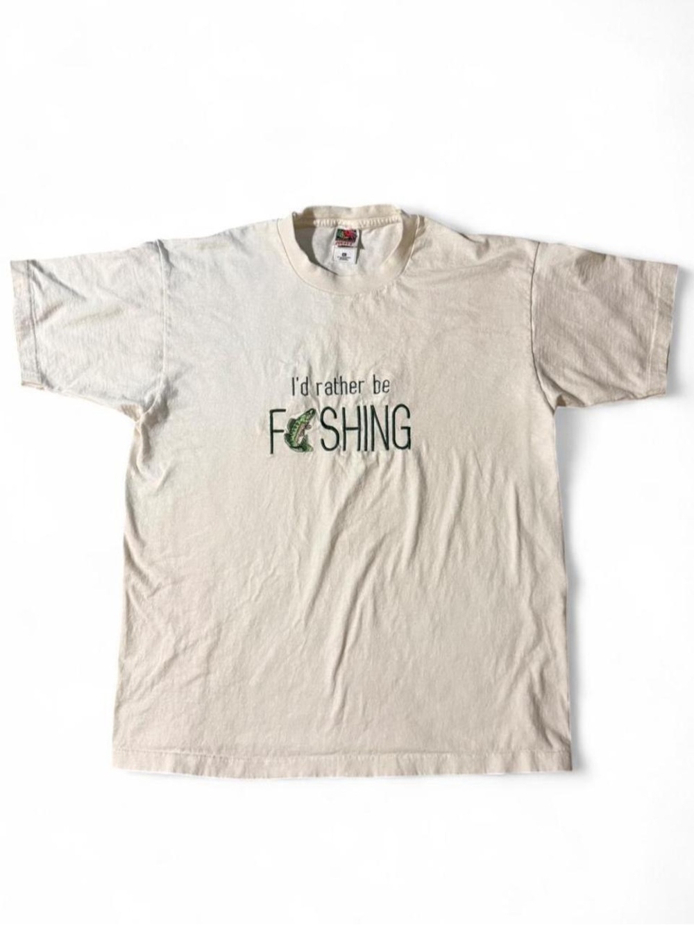 Fruit of the Loom Cream 'I'd Rather Be Fishing' Graphic Tee with Green Fish
